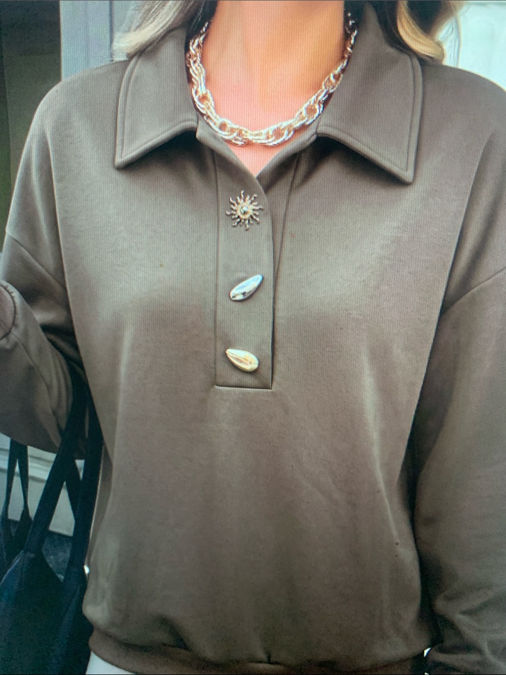 Women's Olive Collared Pullover Top with Decorative Buttons